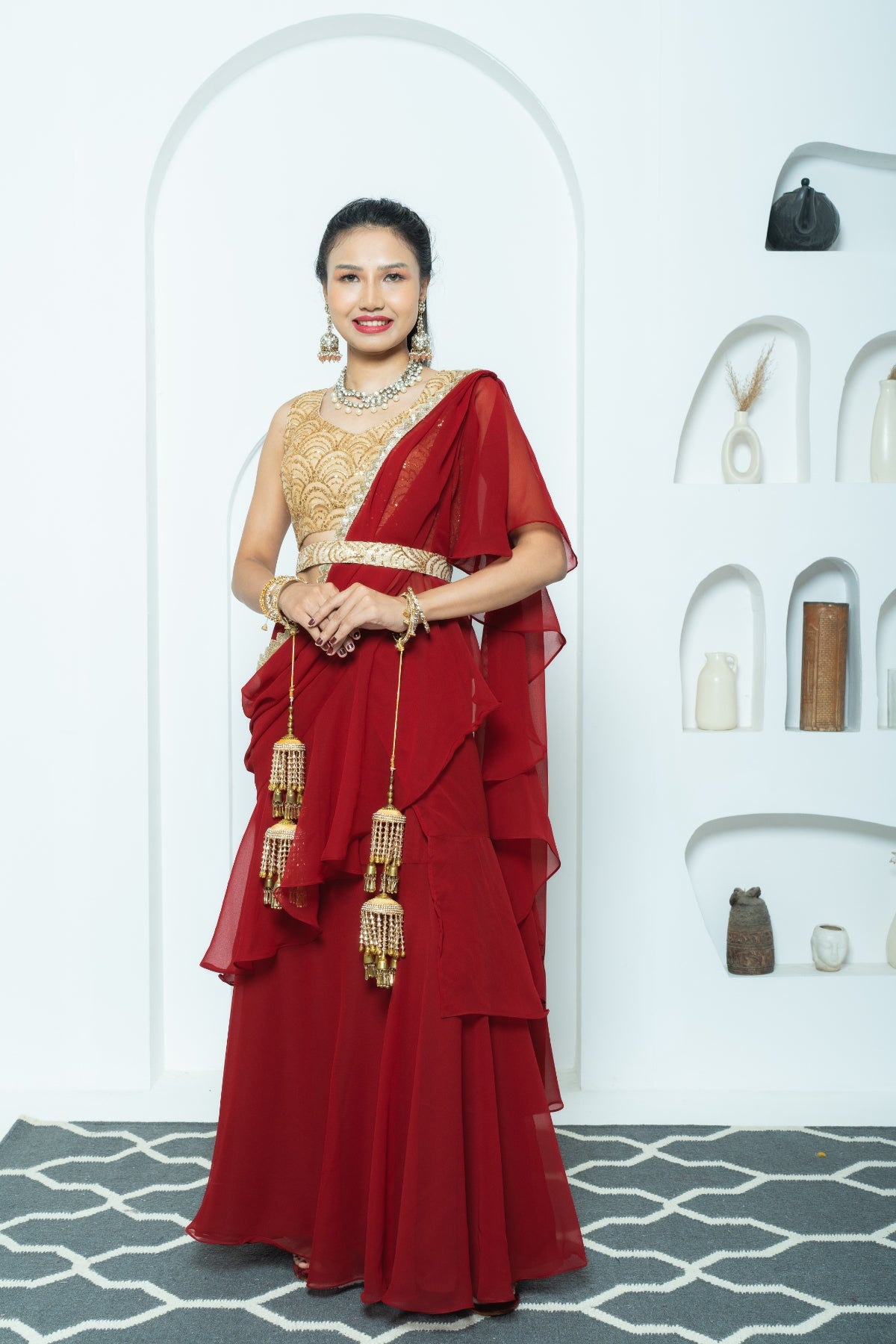 Deep Maroon Draped Lehenga Saree