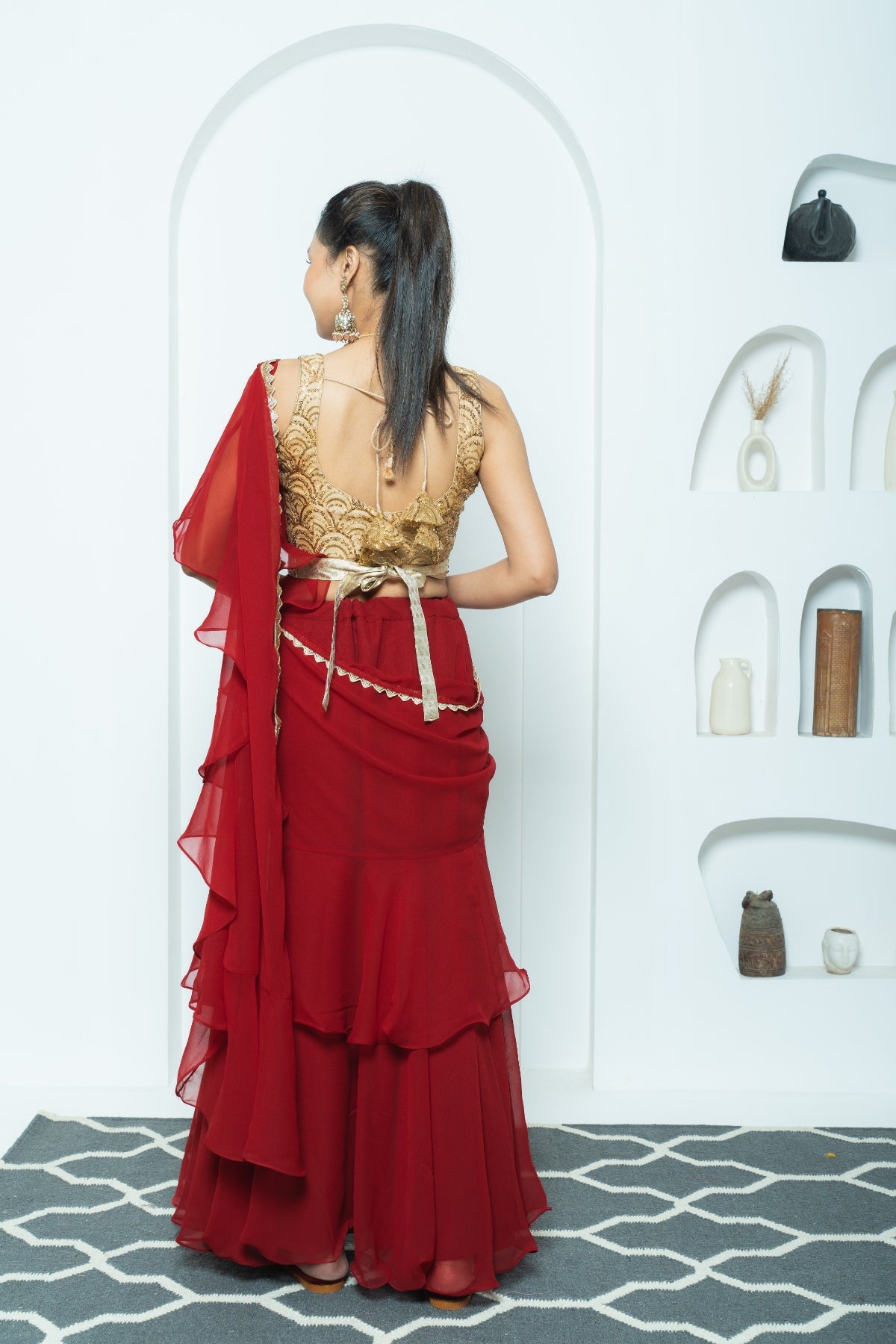 Deep Maroon Draped Lehenga Saree