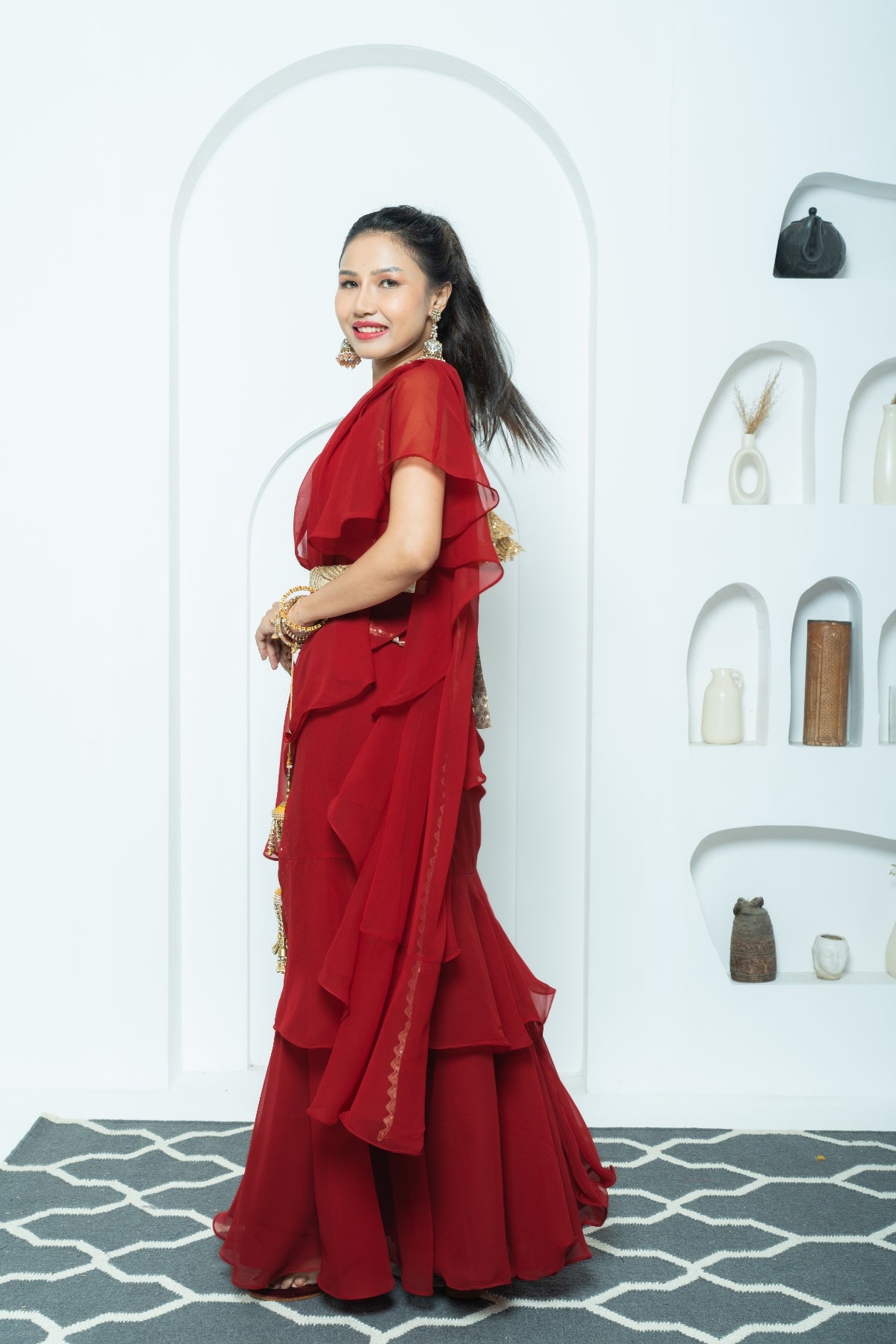 Deep Maroon Draped Lehenga Saree