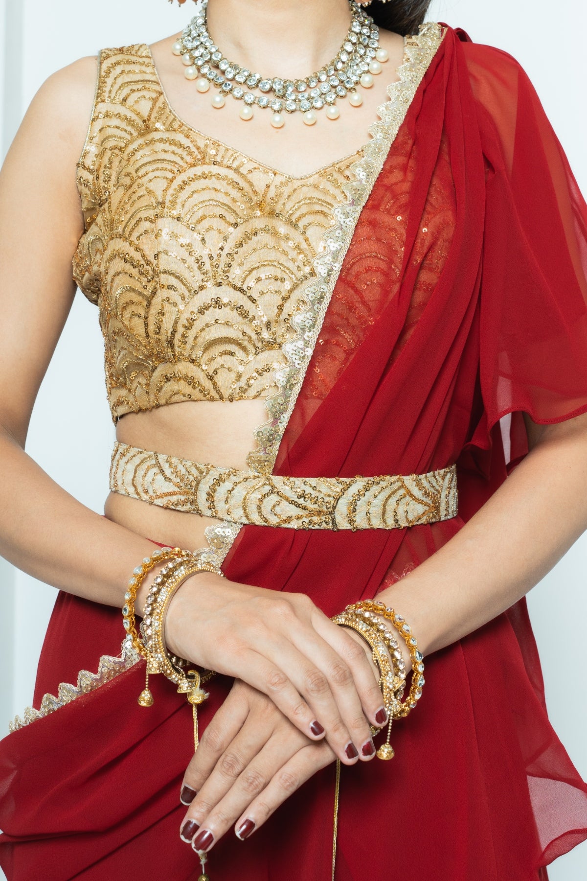 Deep Maroon Draped Lehenga Saree