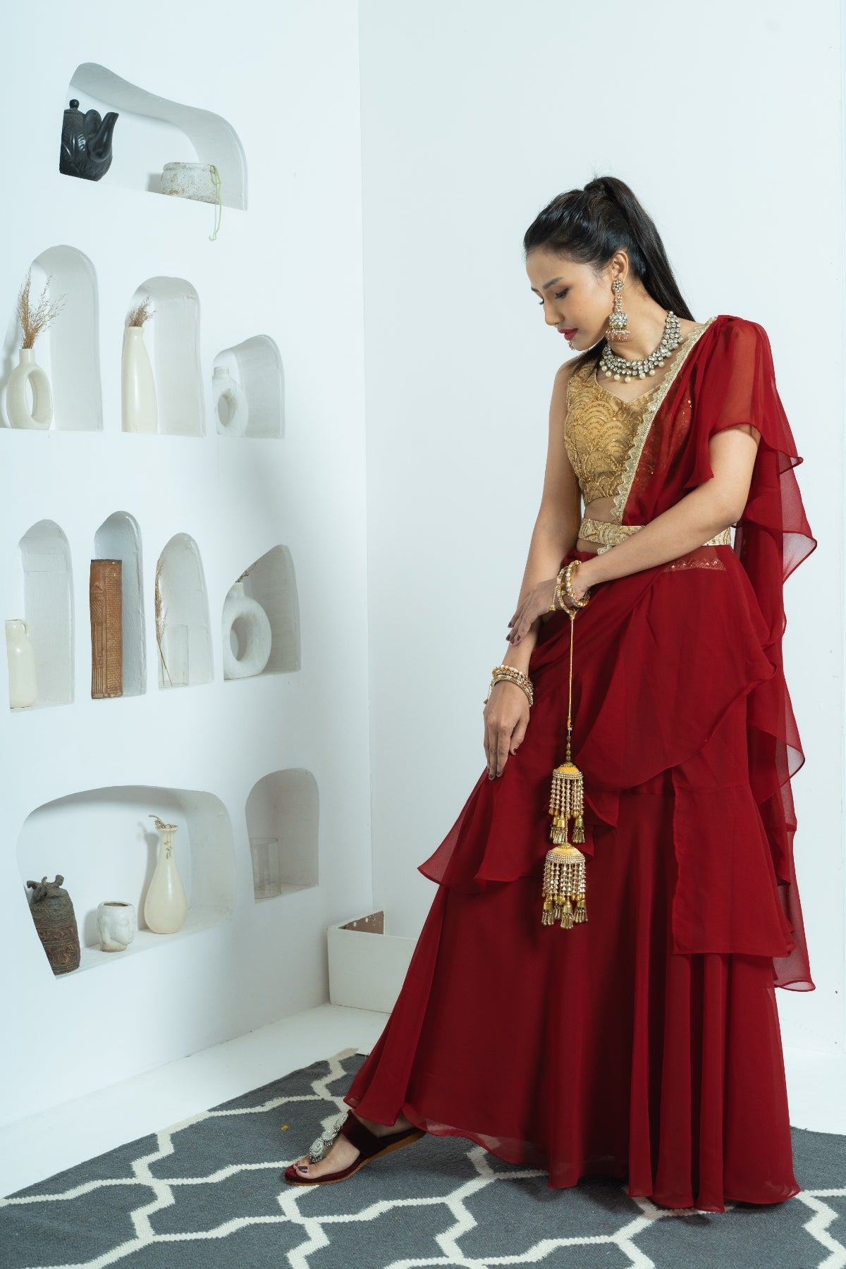 Deep Maroon Draped Lehenga Saree