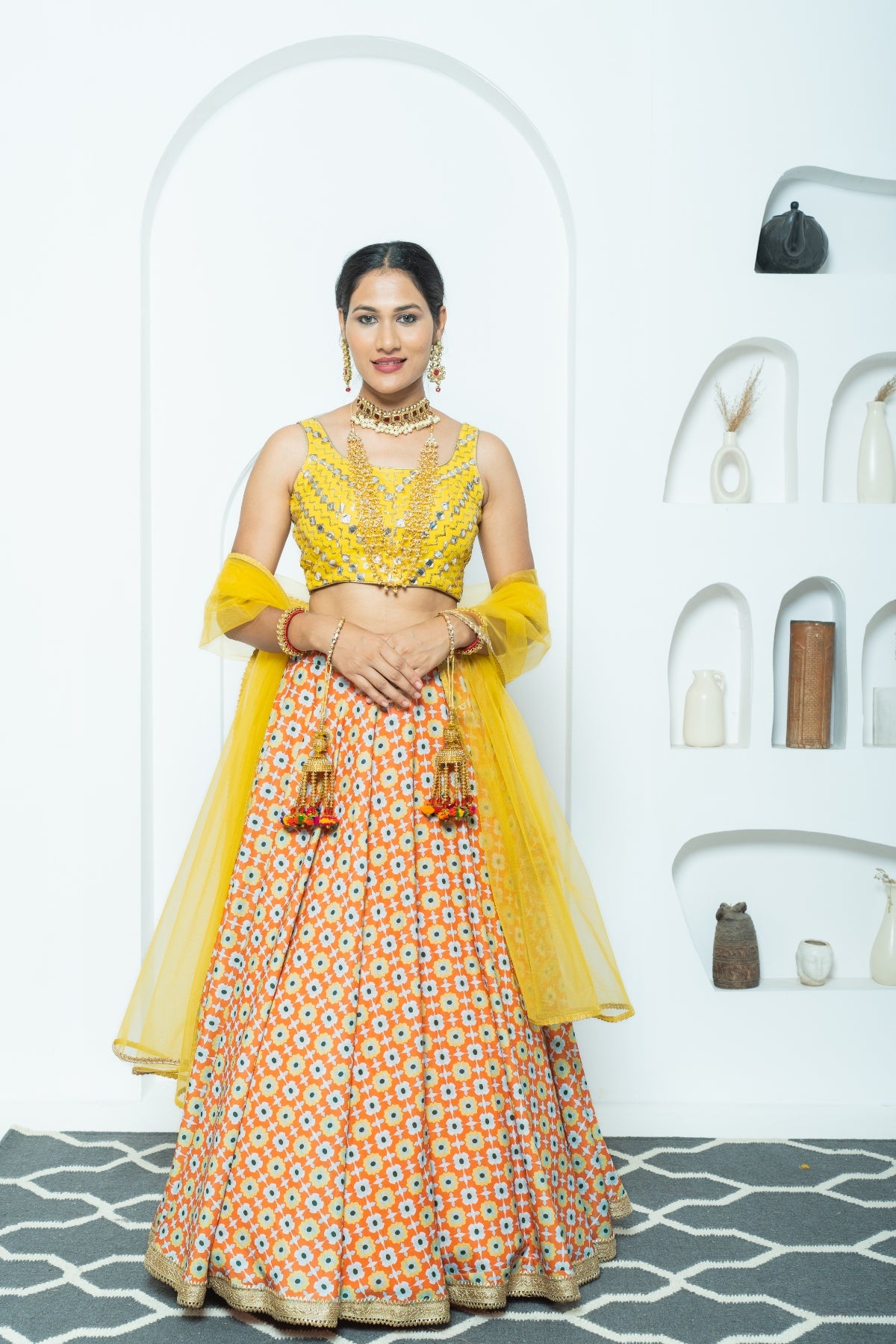 Retro Floral Mustard Printed Lehenga