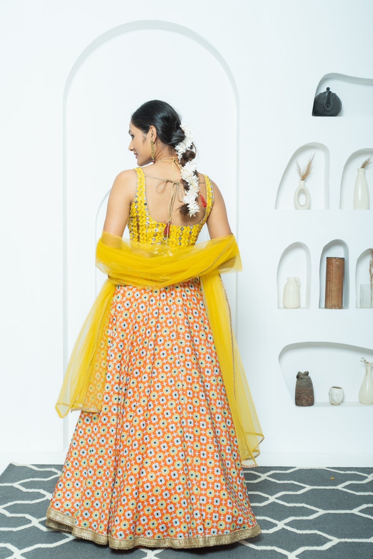 Retro Floral Mustard Printed Lehenga