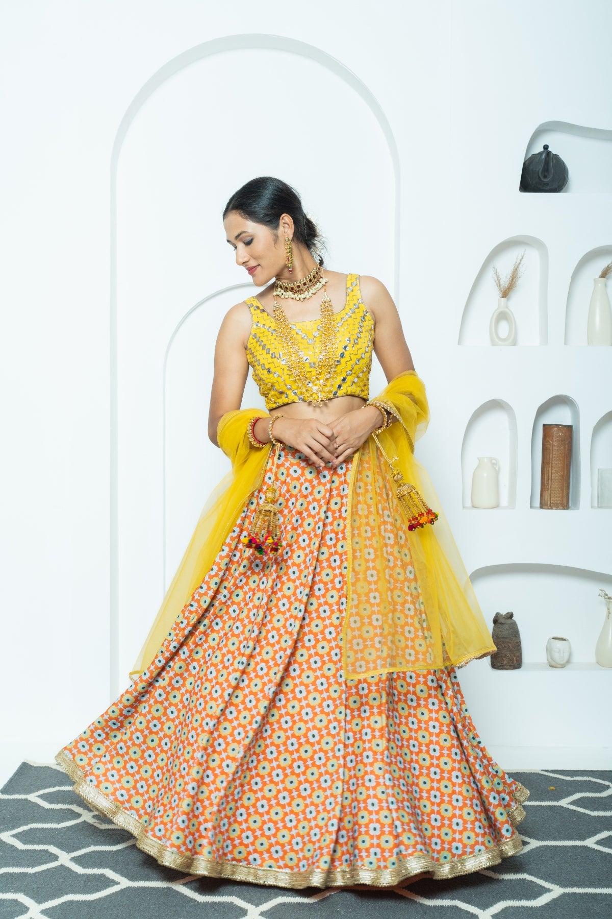 Retro Floral Mustard Printed Lehenga