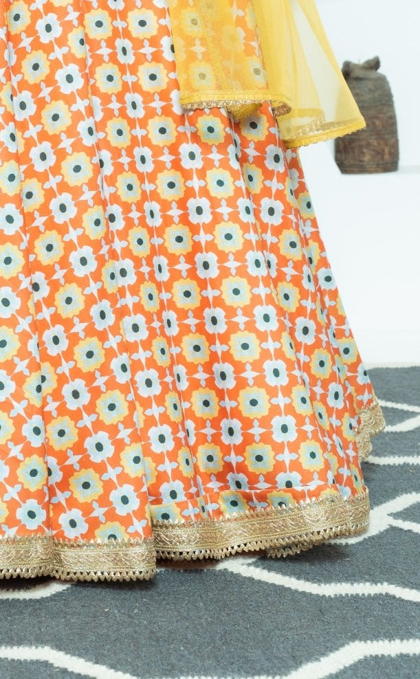 Retro Floral Mustard Printed Lehenga