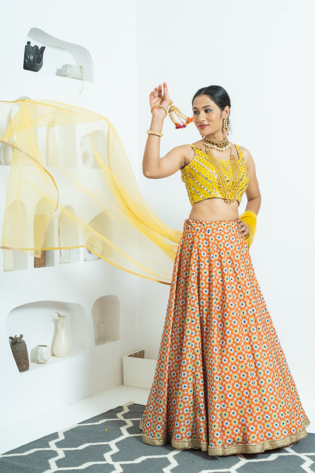 Retro Floral Mustard Printed Lehenga