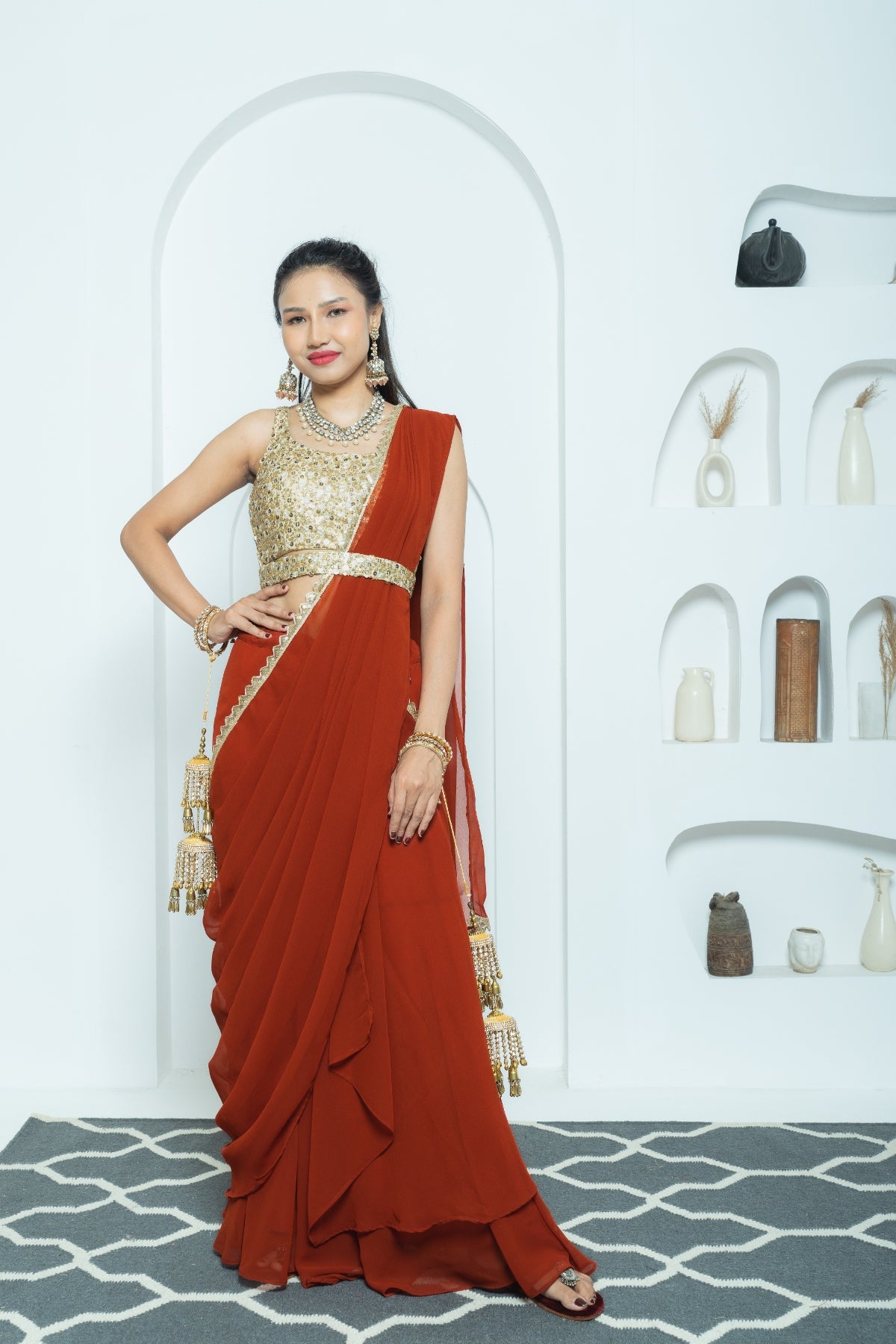 Earthy Rust Draped Lehenga Saree