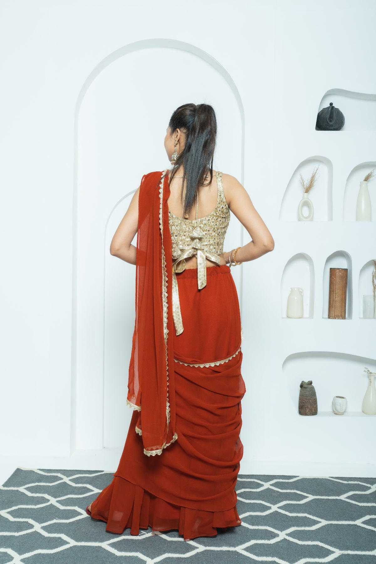 Earthy Rust Draped Lehenga Saree