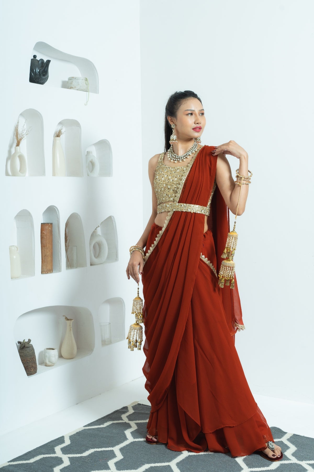 Earthy Rust Draped Lehenga Saree
