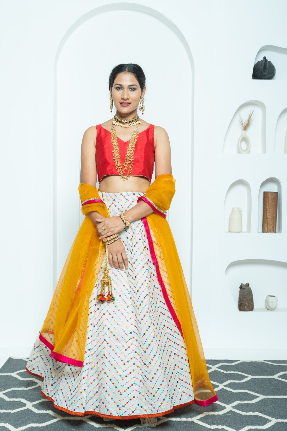 Vibrant Hues White Mirrorwork Lehenga