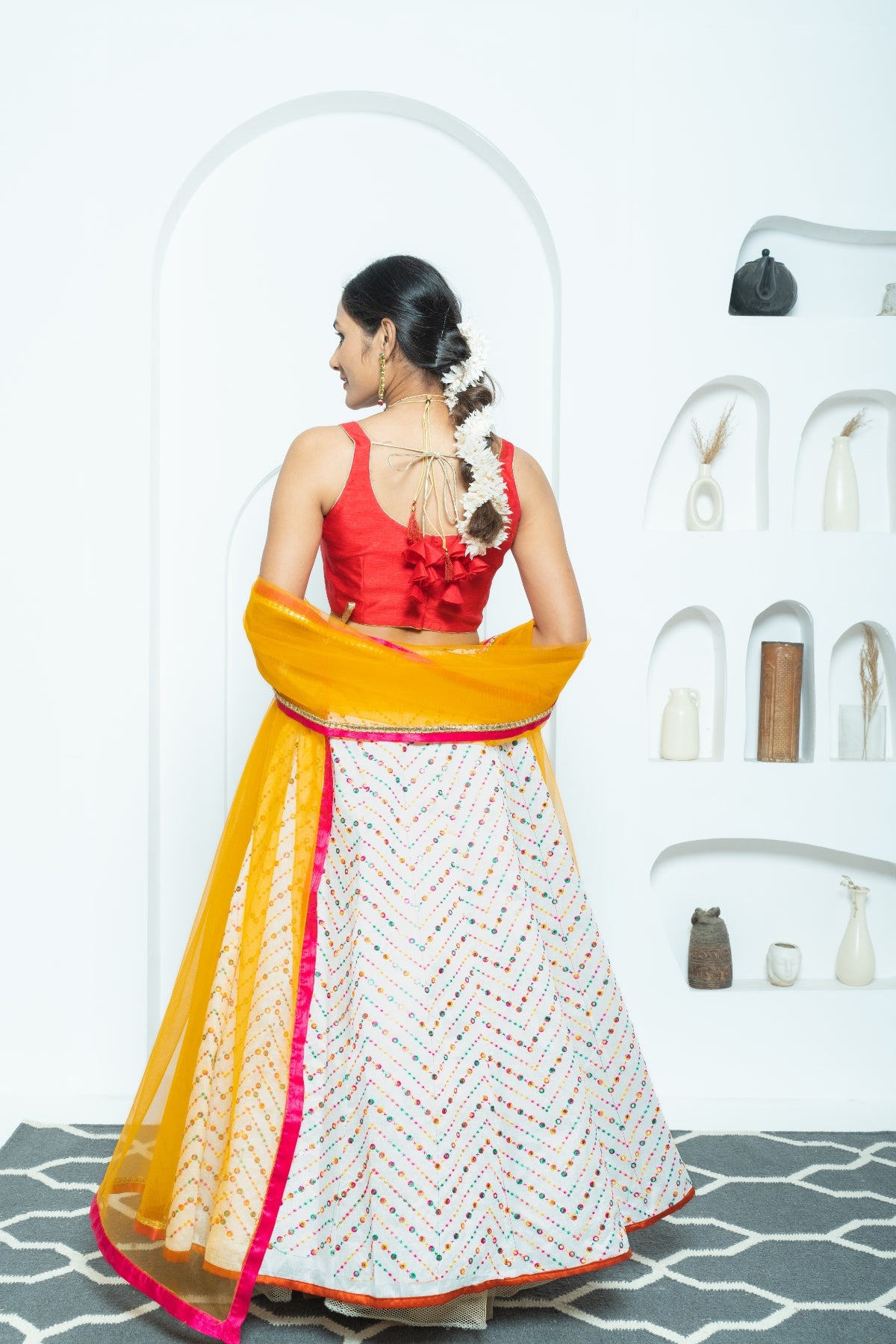 Vibrant Hues White Mirrorwork Lehenga