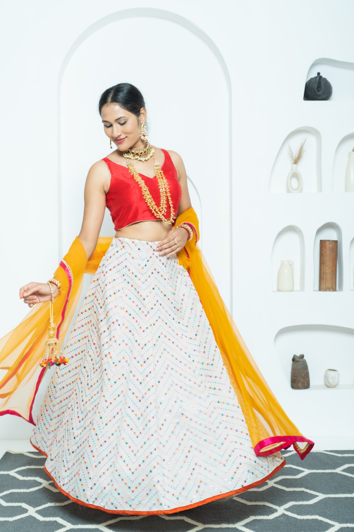 Vibrant Hues White Mirrorwork Lehenga