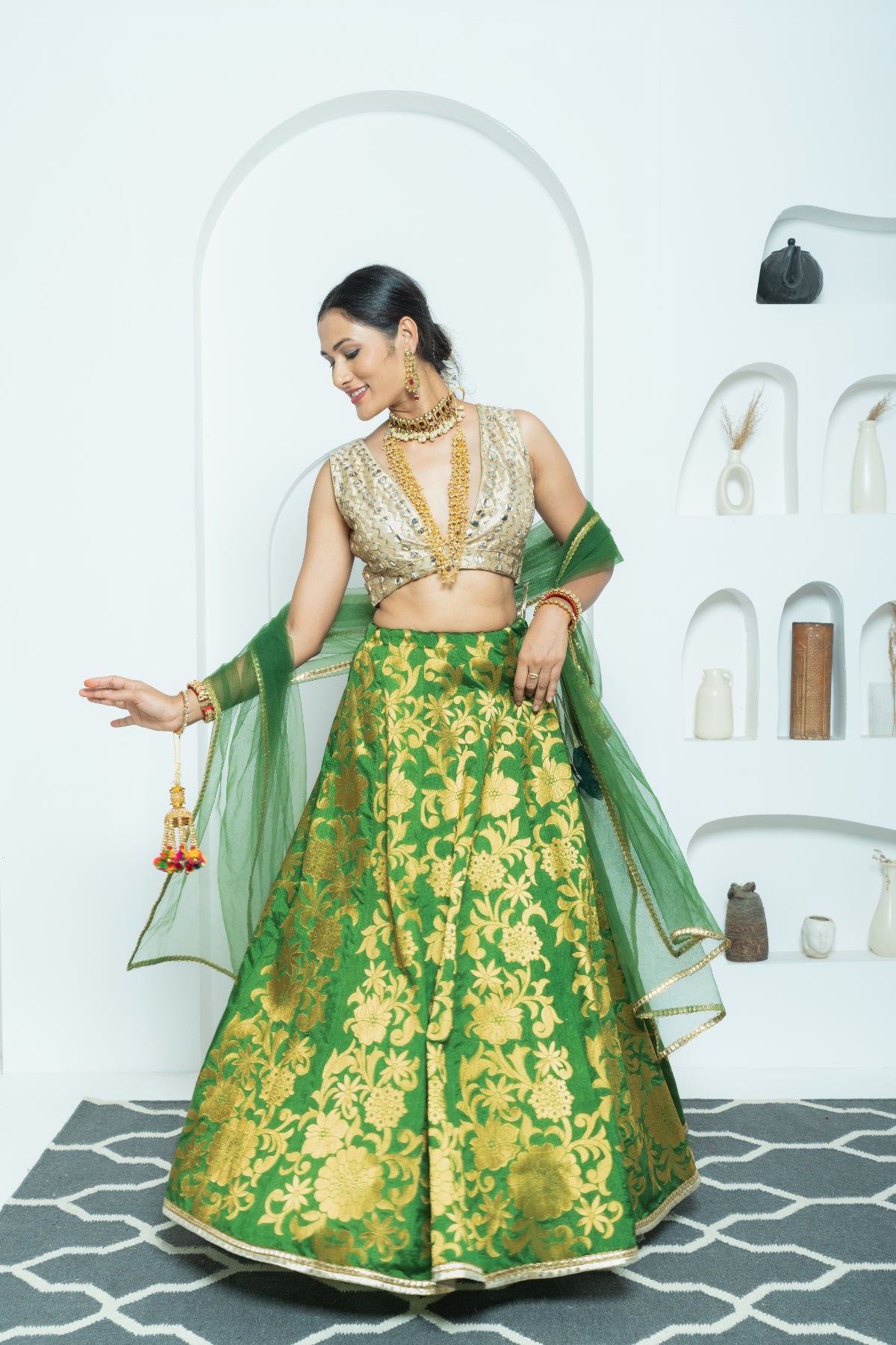 Mehendi Green Banarasi Lehenga