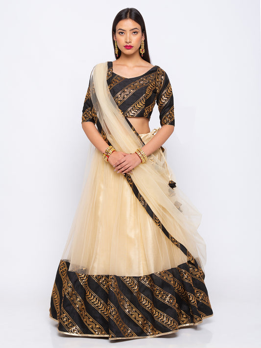 Ivory and Black Sequin Leheriya Lehenga