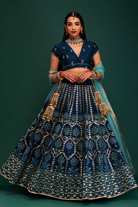 Prussian Blue & Aqua Floral Damask Lehenga
