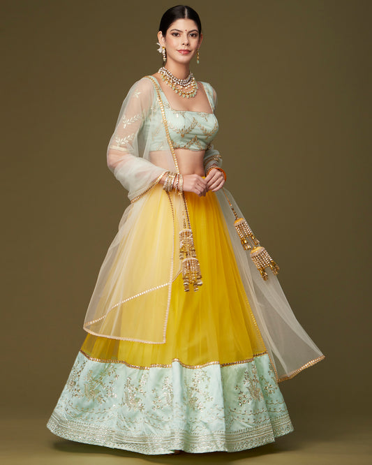 Mustard and Aqua floral Sequin Border Lehenga
