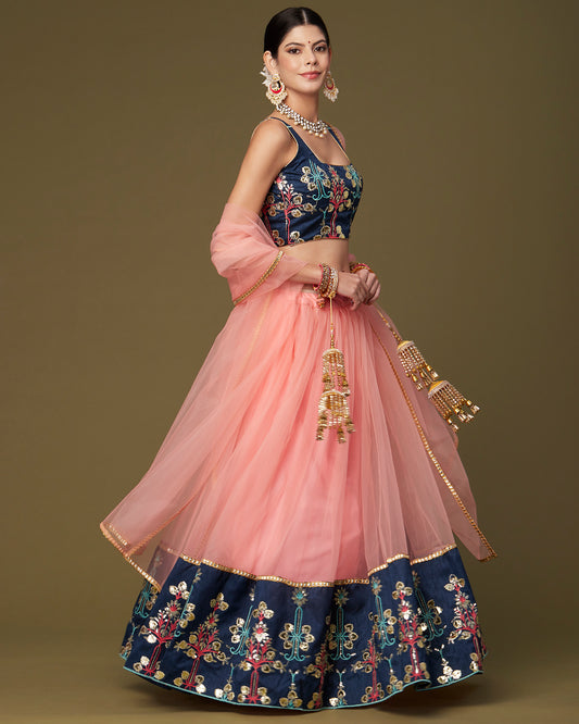 Peach and Navy Floral Gotapatti Lehenga