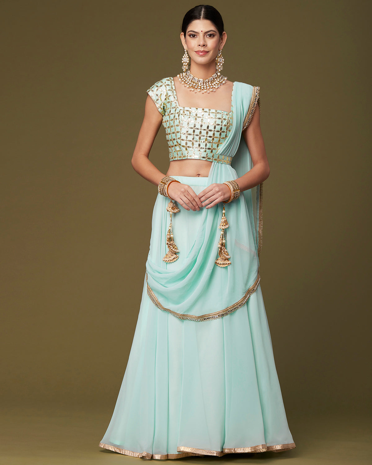 Pale Aqua Draped Lehenga Saree