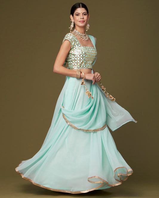 Pale Aqua Draped Lehenga Saree