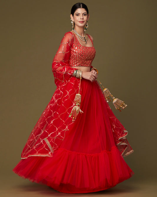 Red Net Ruffled Lehenga