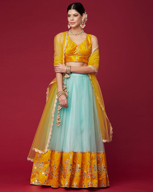Aqua and Mustard Floral Gotapatti Lehenga