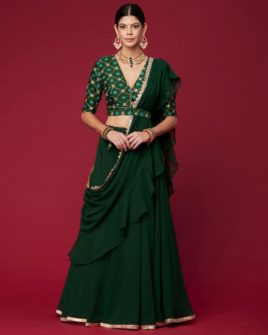 Forest Green Ruffled Draped Lehenga Saree