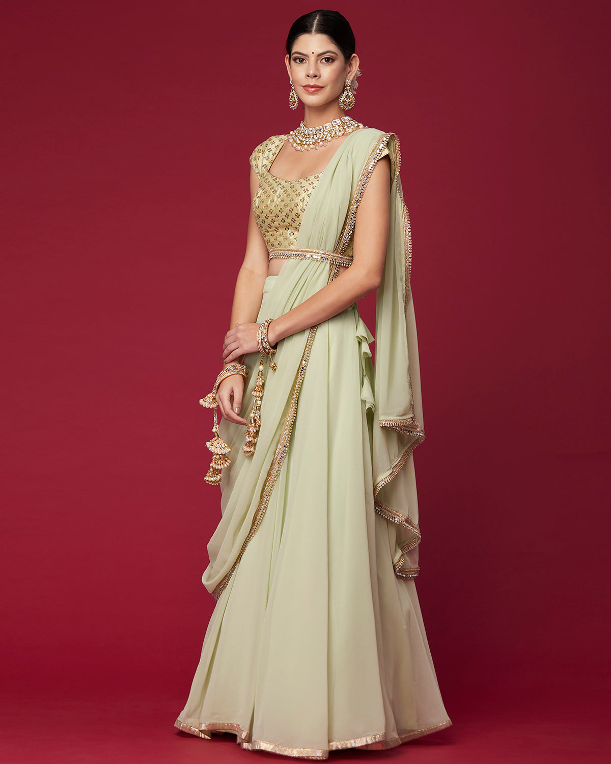 Spring Green Draped Lehenga Saree