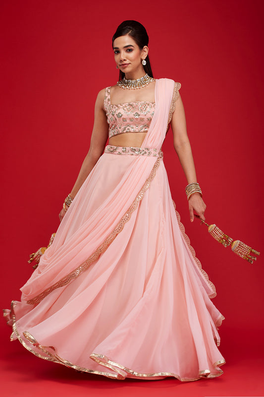Powder Pink Draped Lehenga Saree