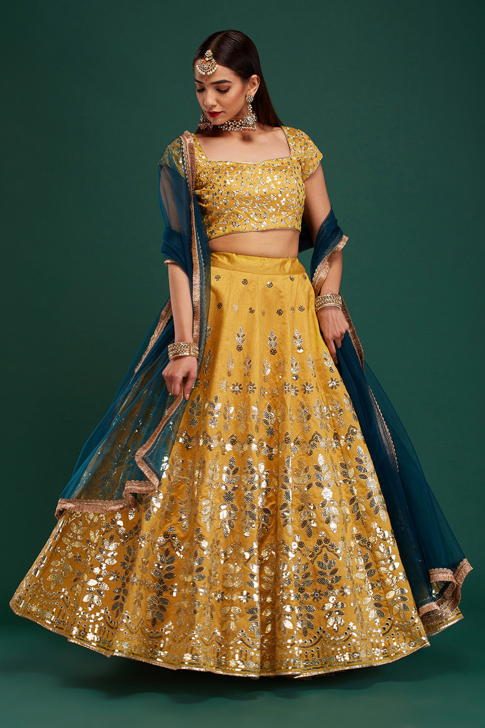 Light Gold & Blue Mirage Lehenga