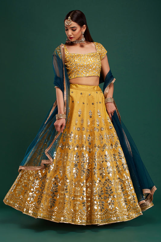 Light Gold & Blue Mirage Lehenga