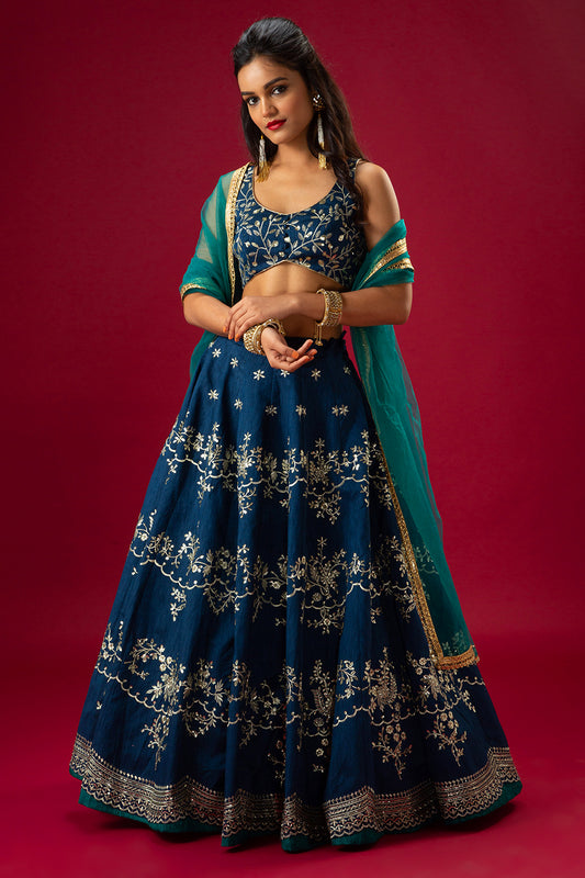 Prussian Blue Floral Scallop Lehenga