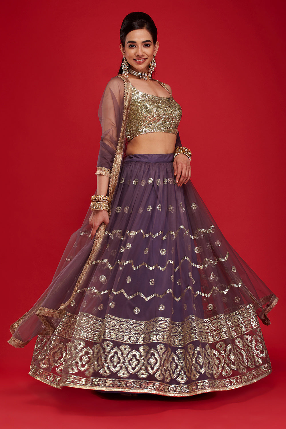 Blackcurrant Geometric Wave Lehenga