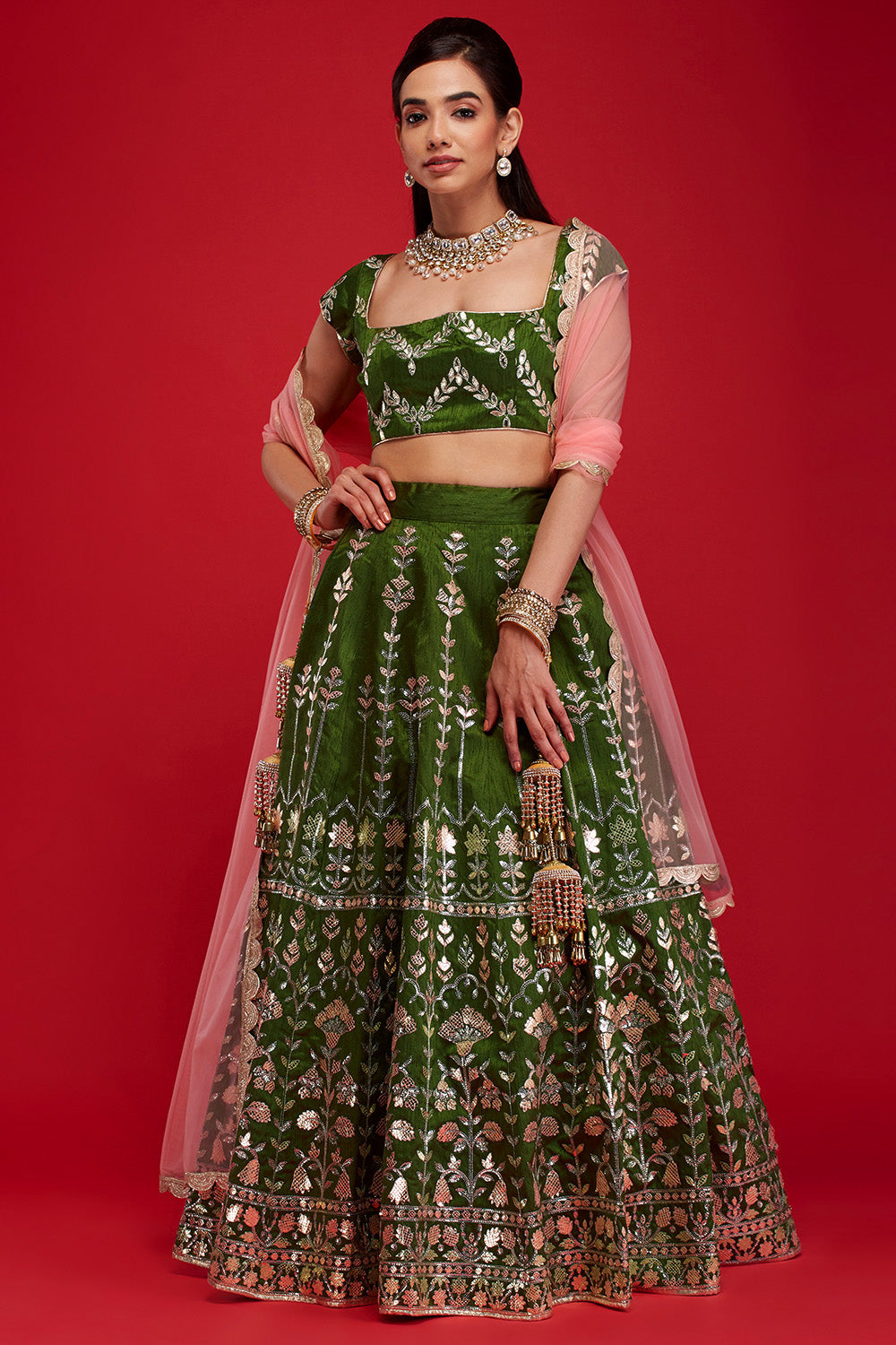 Embroidered Chinon Chiffon Lehenga in Dark Green : LYC2049