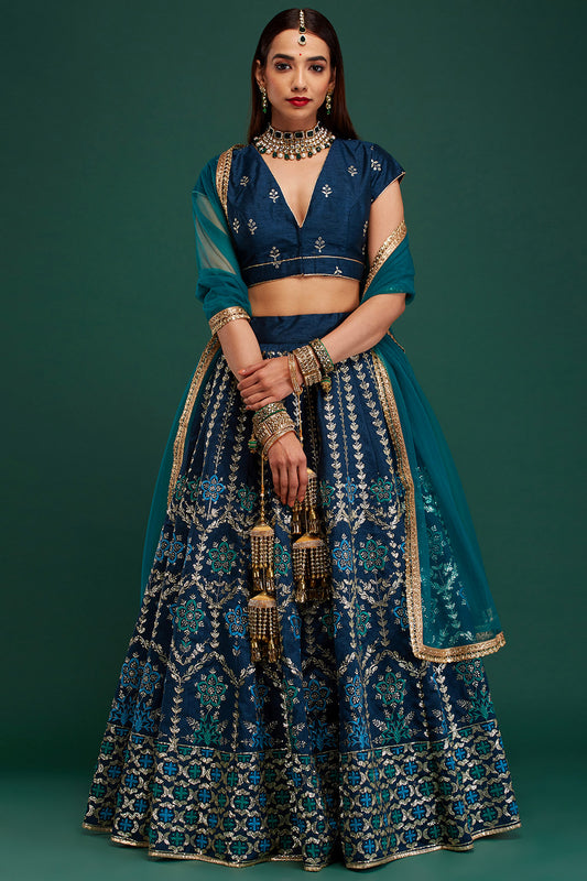 Prussian Blue Floral Damask Lehenga