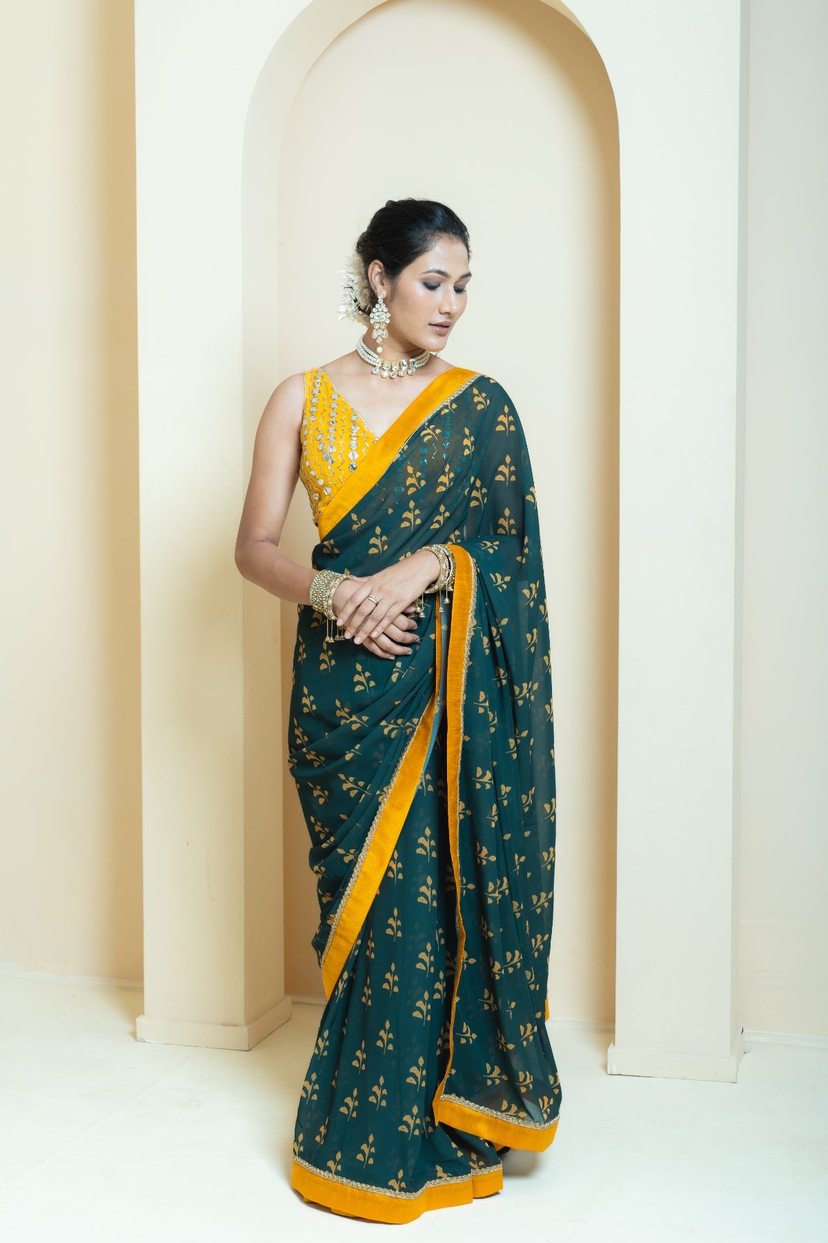 Rich Forest Green and Mustard Motif Georgette Saree