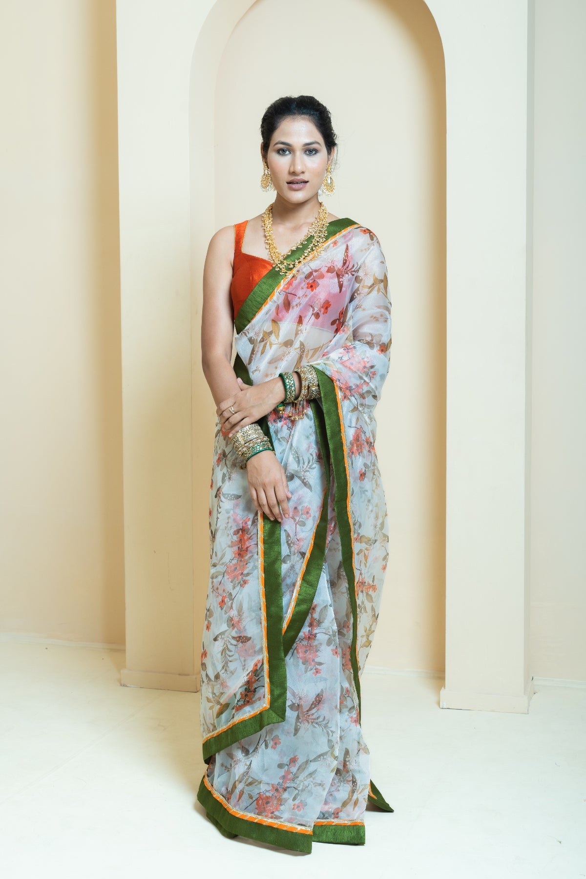 Elegant White Floral Print Organza Saree