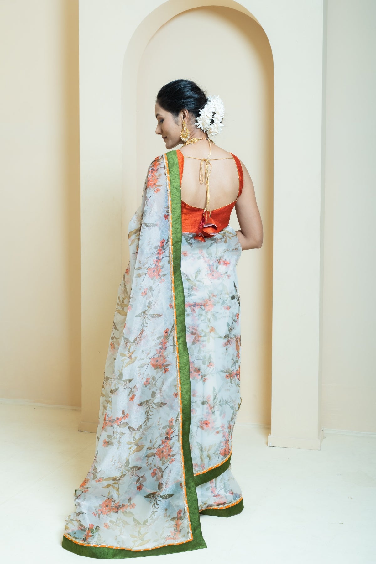 Elegant White Floral Print Organza Saree