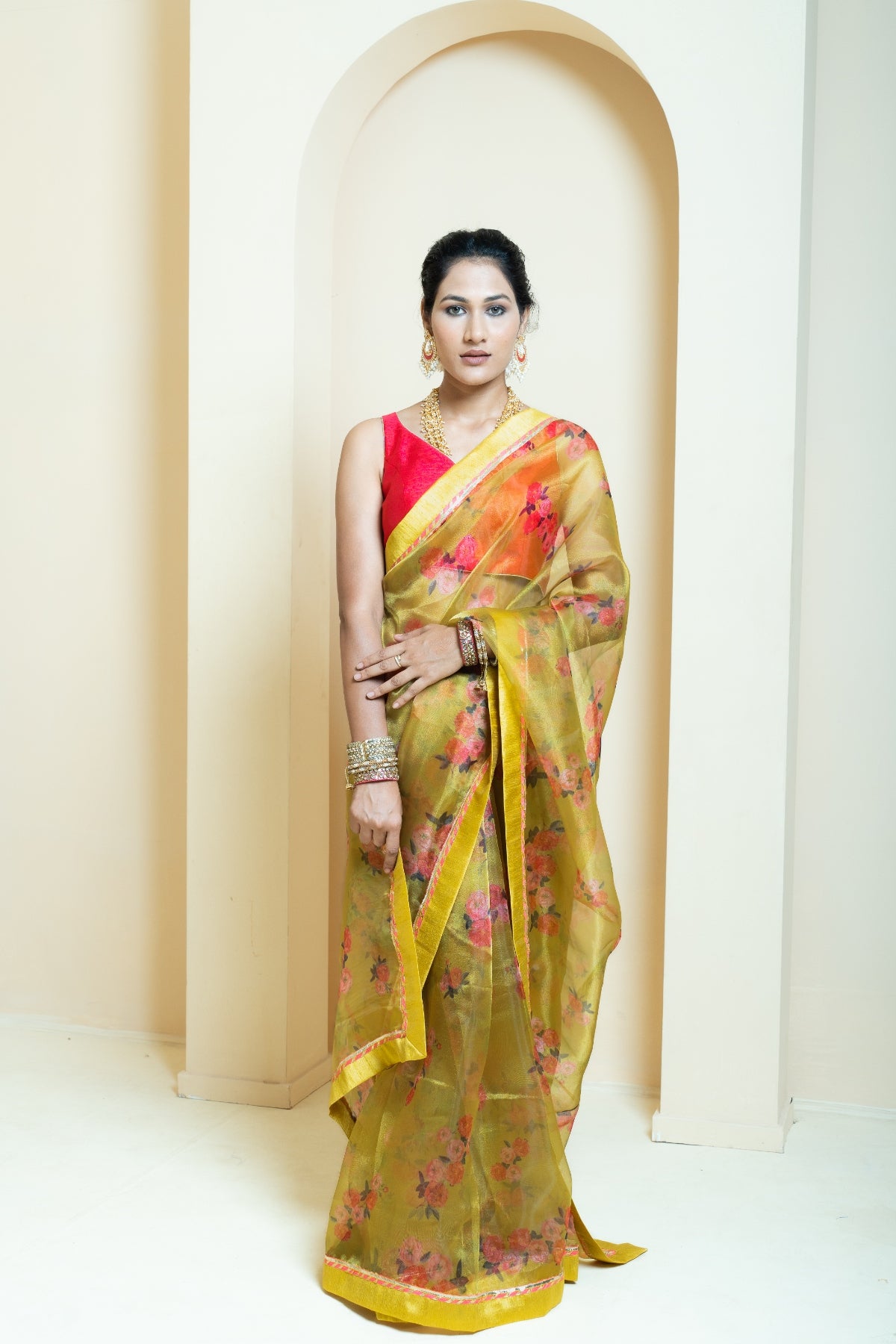 Zesty Lime Green Floral Print Organza Saree