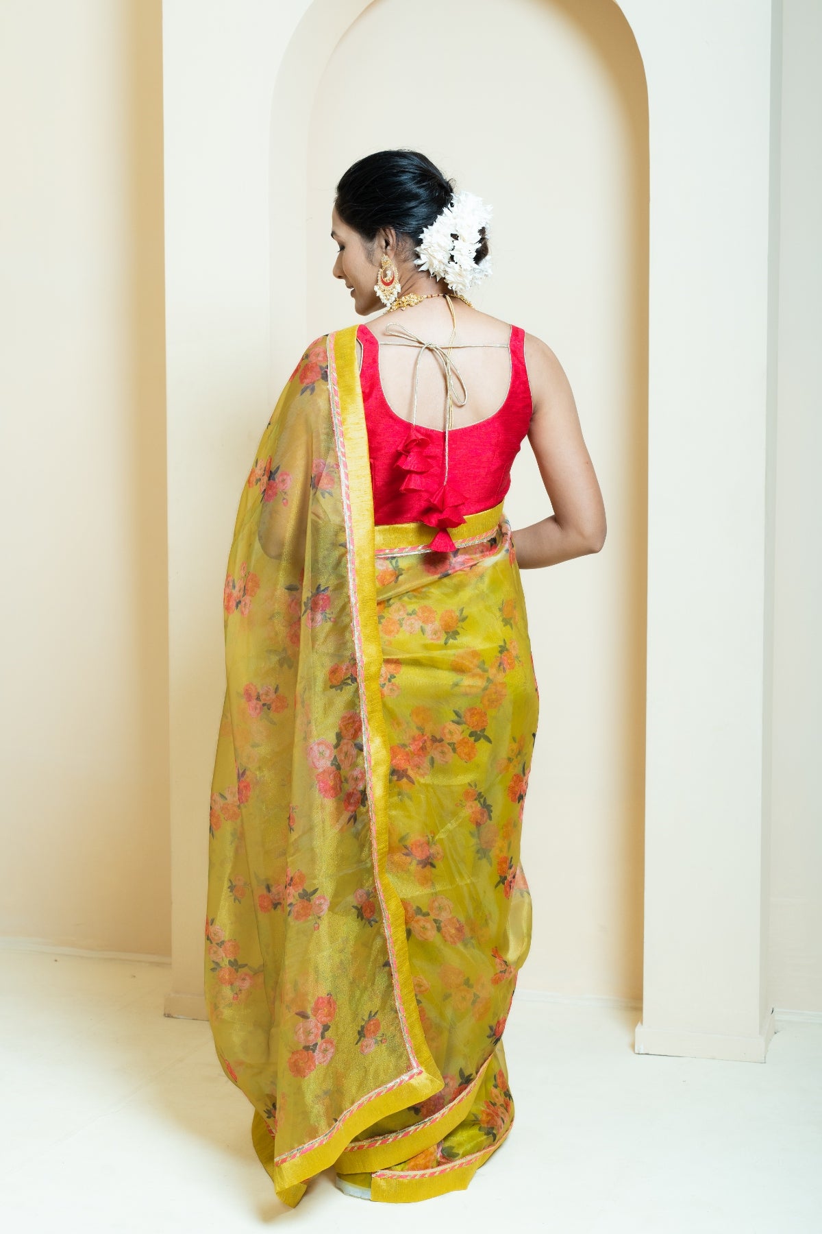 Zesty Lime Green Floral Print Organza Saree