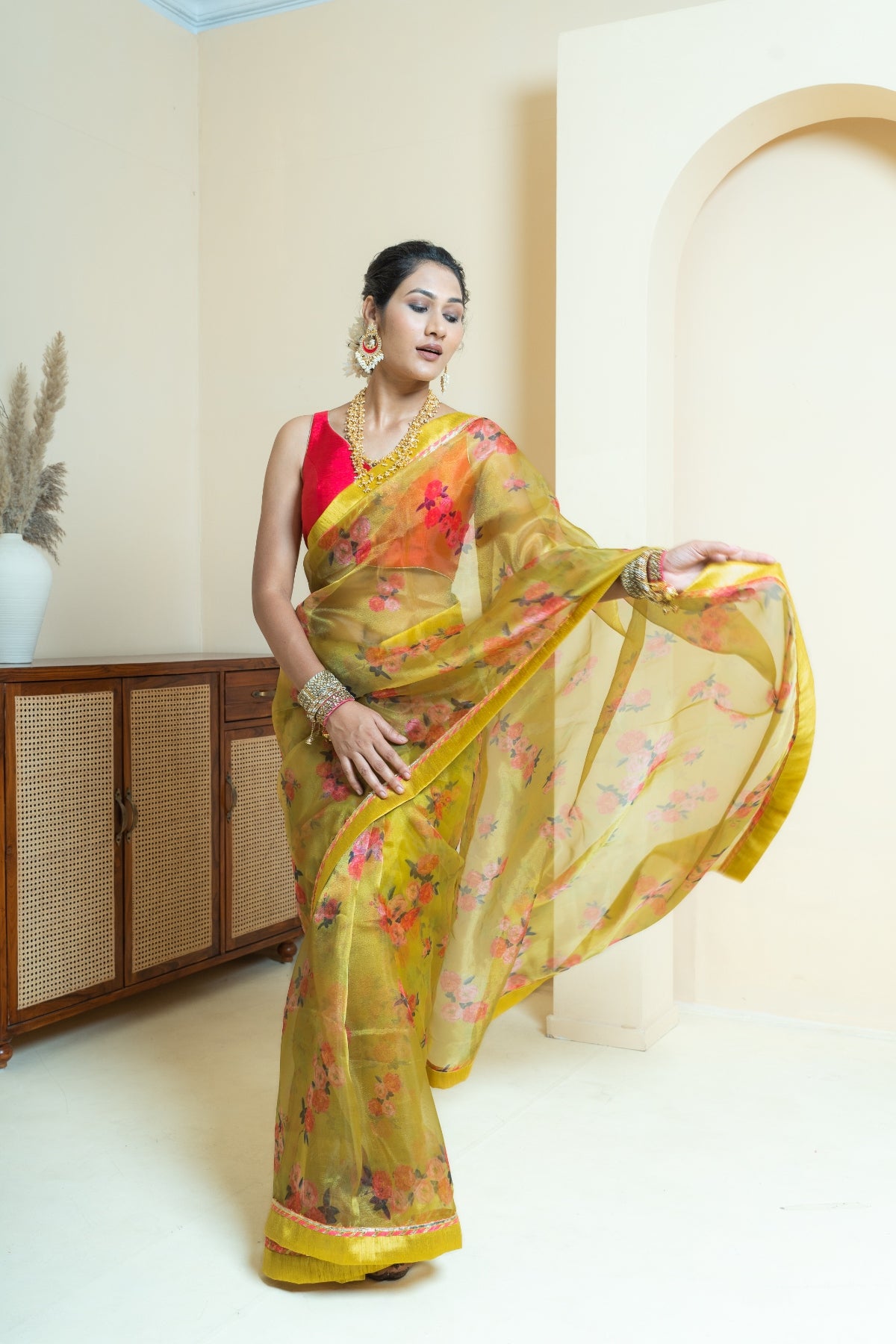Zesty Lime Green Floral Print Organza Saree