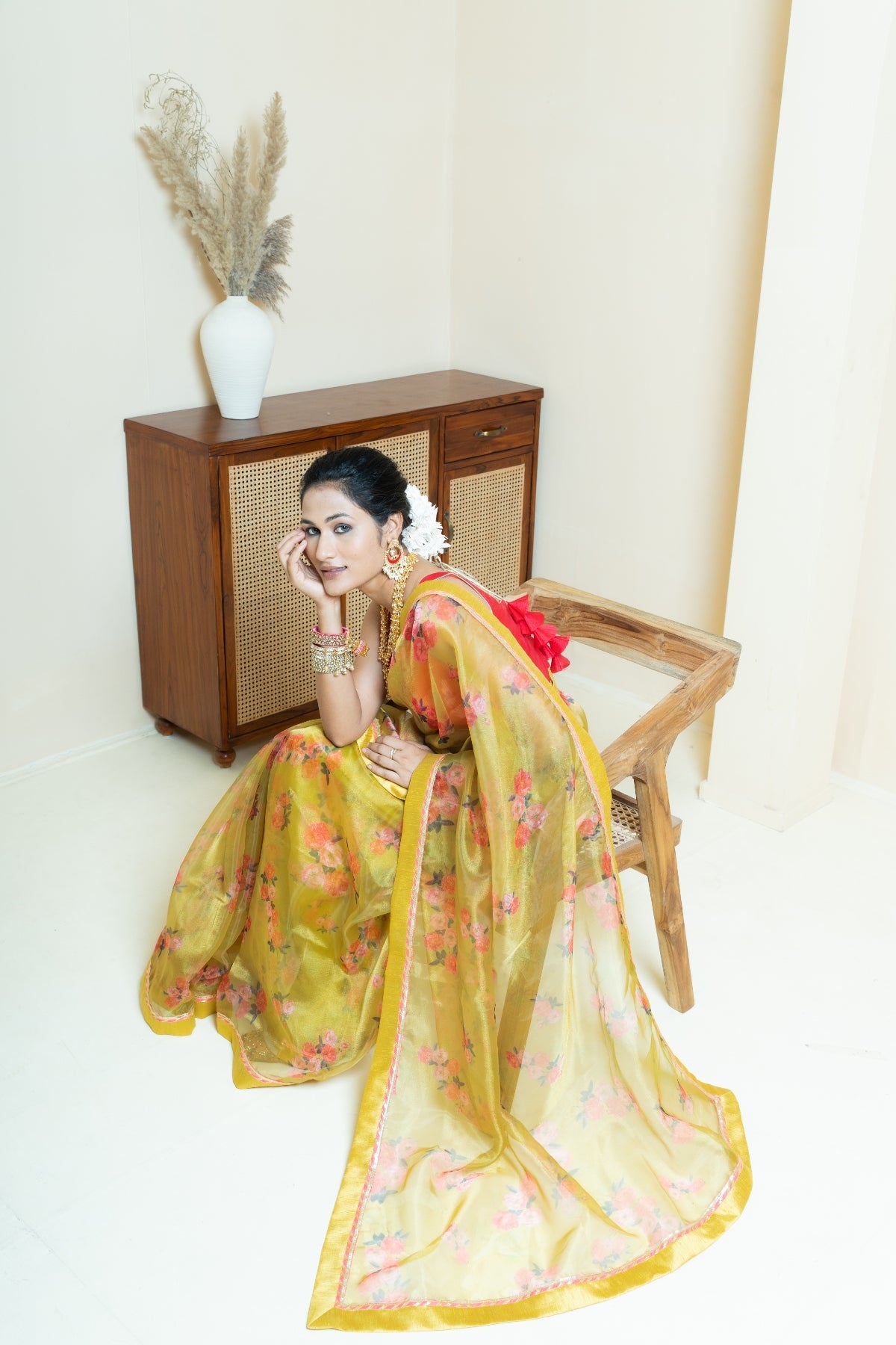 Zesty Lime Green Floral Print Organza Saree