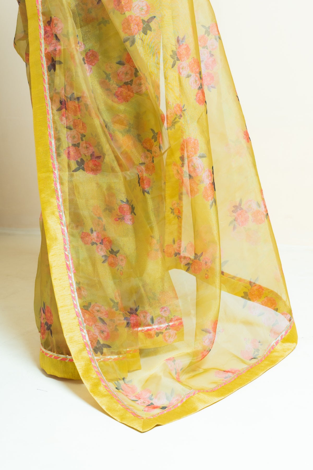 Zesty Lime Green Floral Print Organza Saree