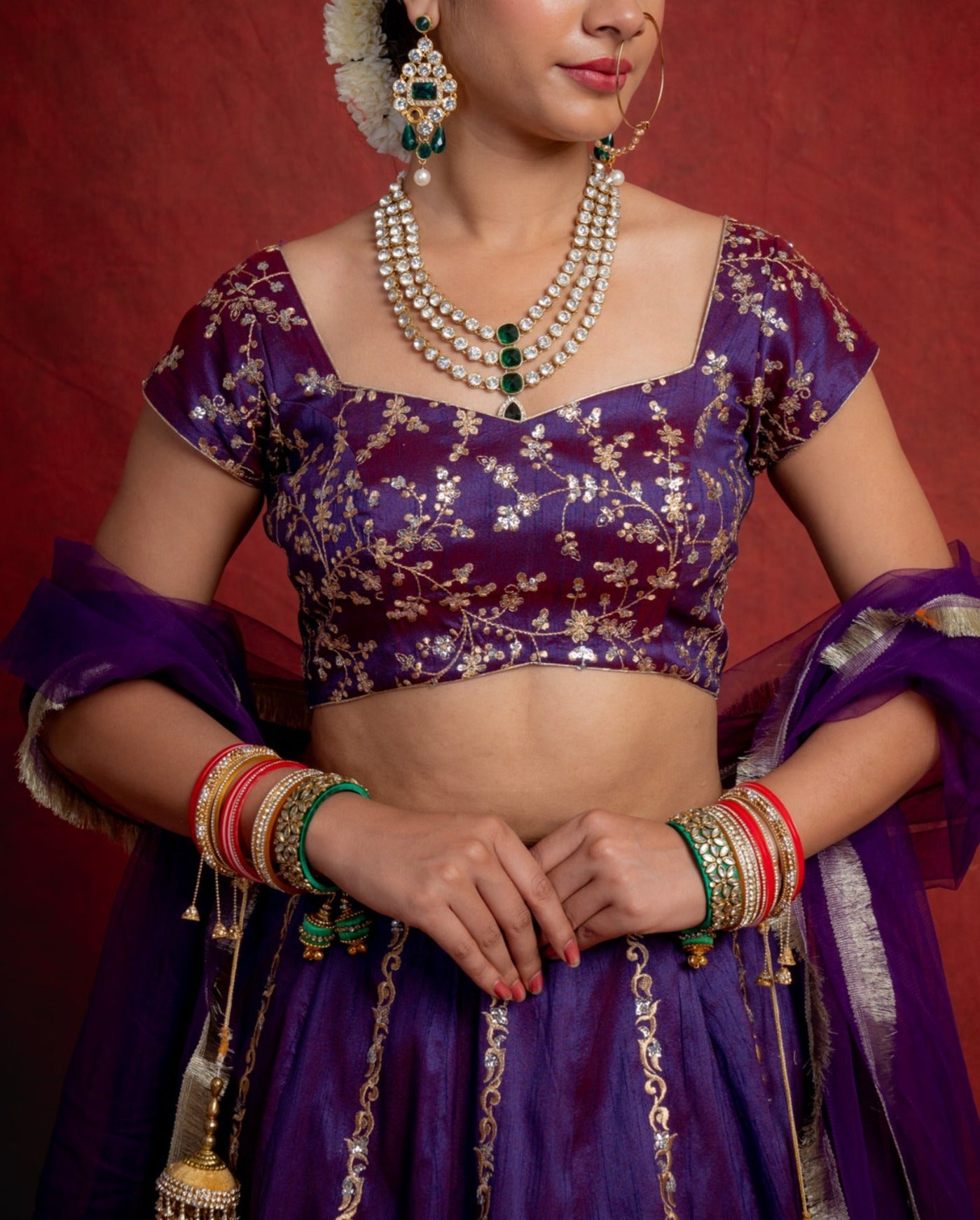 Purple and Orange Zari Motif Lehenga