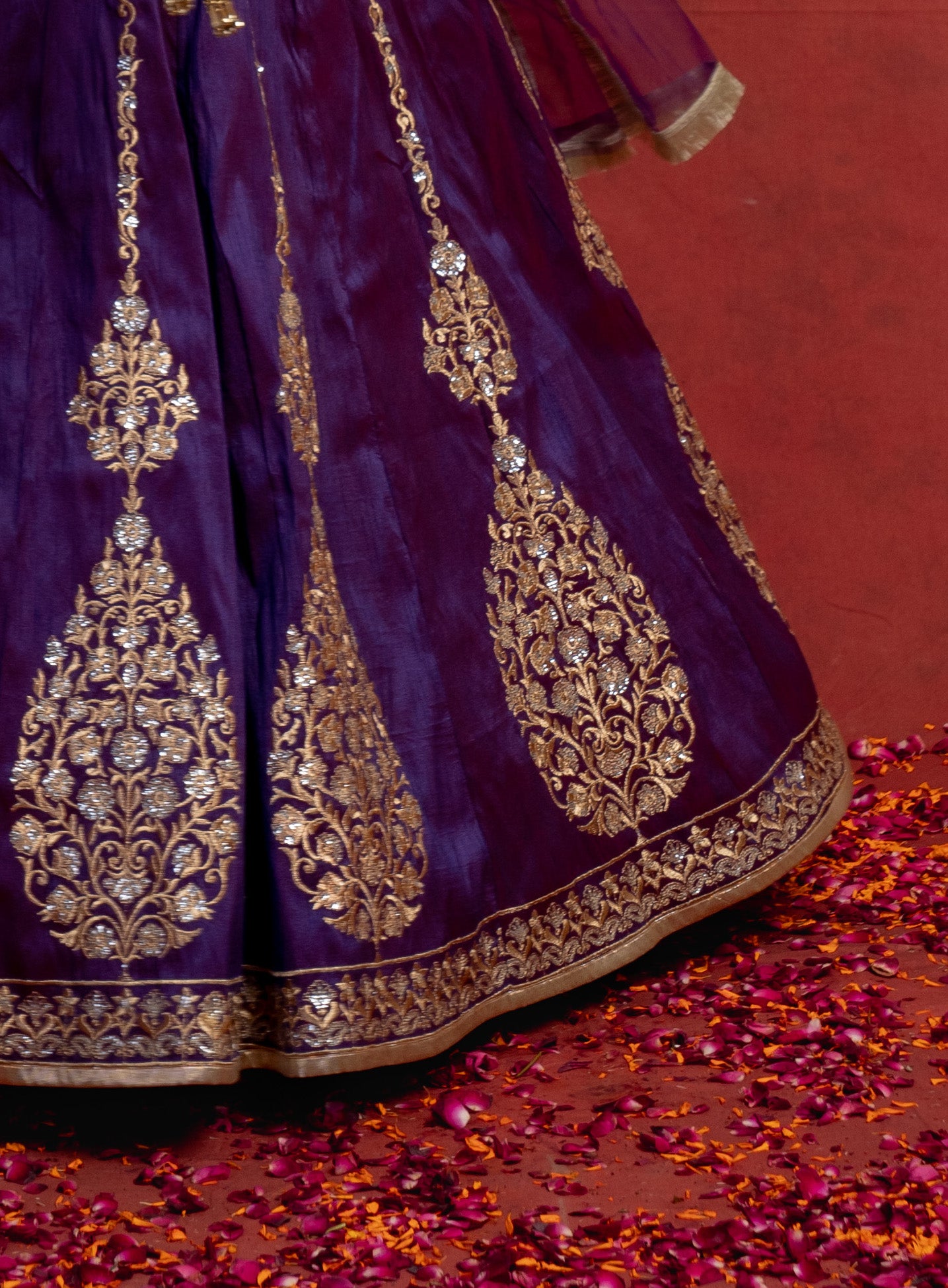 Purple and Orange Zari Motif Lehenga