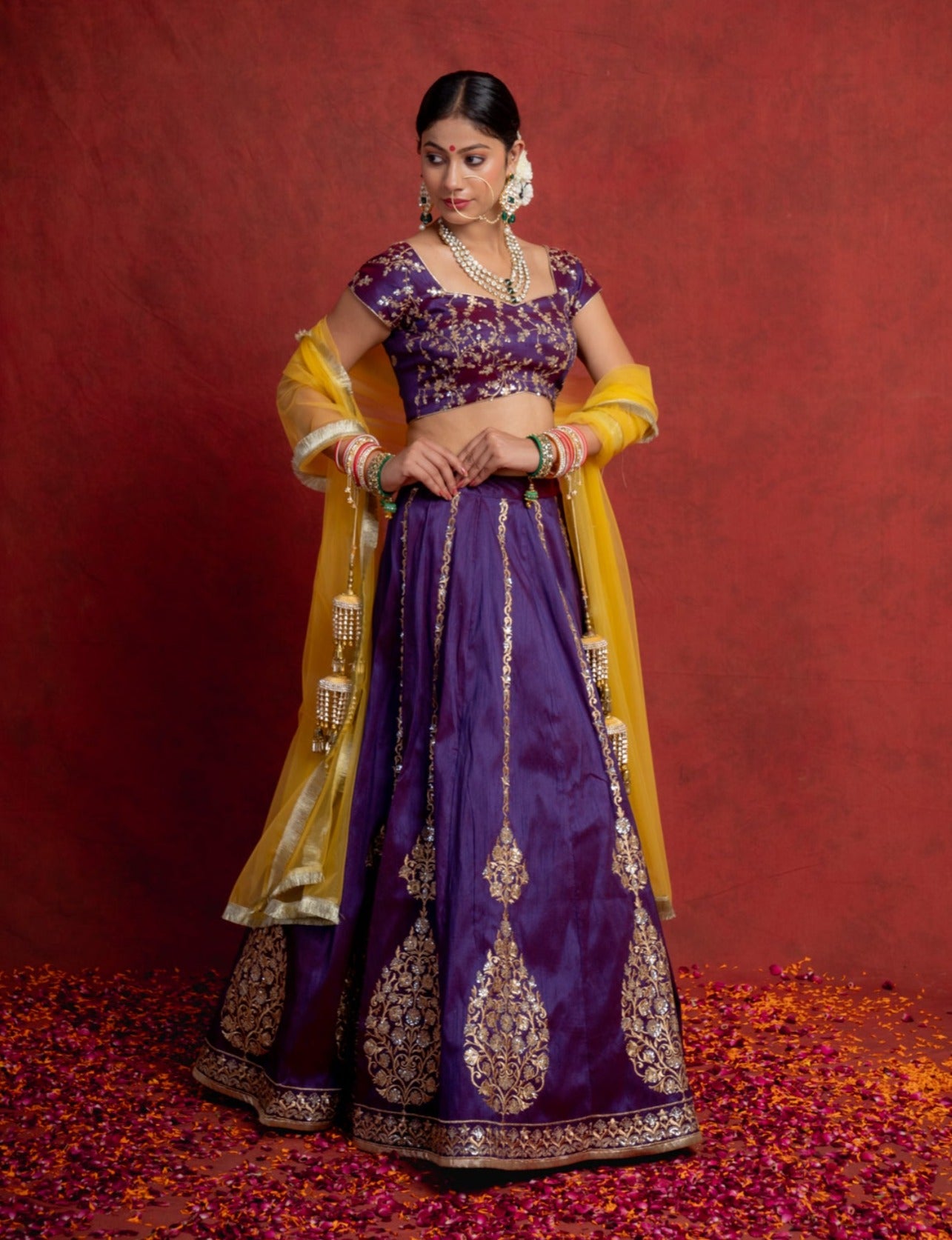 Purple and Orange Zari Motif Lehenga