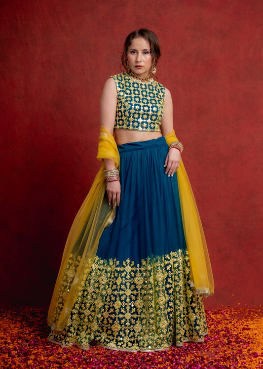 Cobalt Blue and Yellow Moroccon Mosaic Lehenga