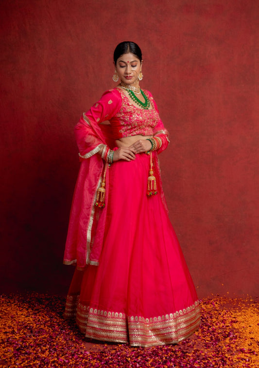 Bright Pink Zari Border Organza Lehenga