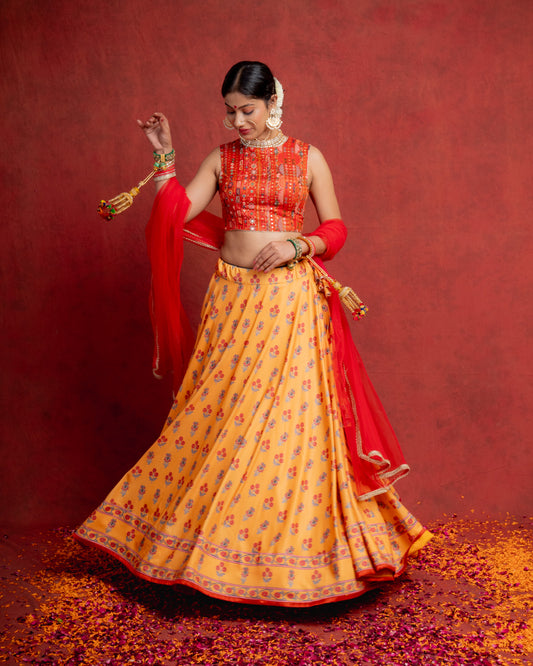 Yellow and Red Classic Motif Print Lehenga