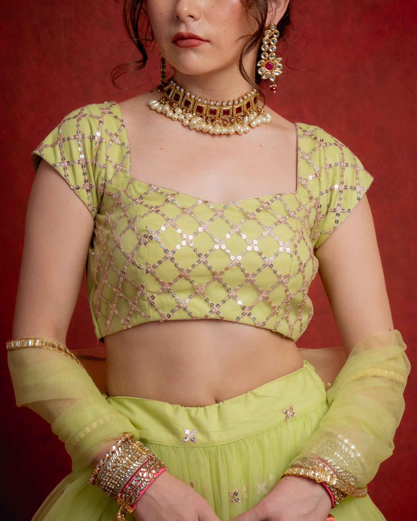 Mint Green and Rouge Pink Trellis Lehenga