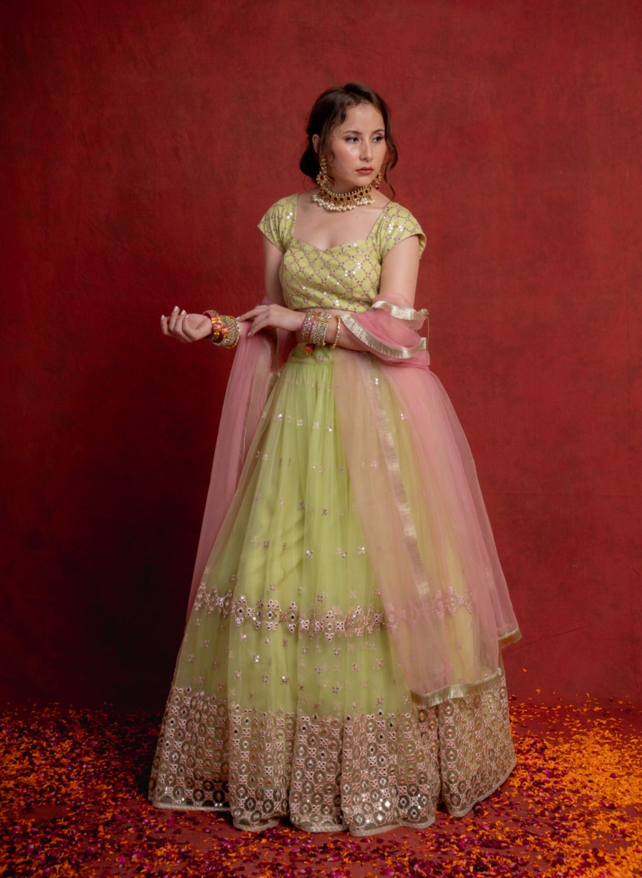 Mint Green and Rouge Pink Trellis Lehenga